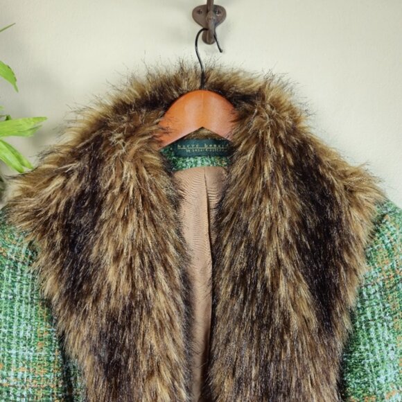 Vintage Harve Benard Fur Collared Trim Wool Blend Green Tweed Blazer Jacket 6 - Picture 3 of 15